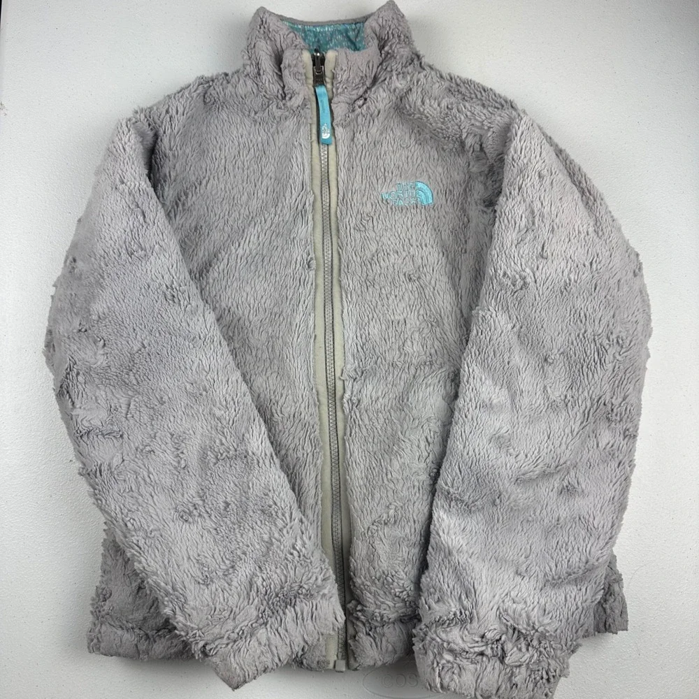 The North Face Reversible Jacket Girls M 10/12 Teal Grey Puffer Fleece Outdoor
